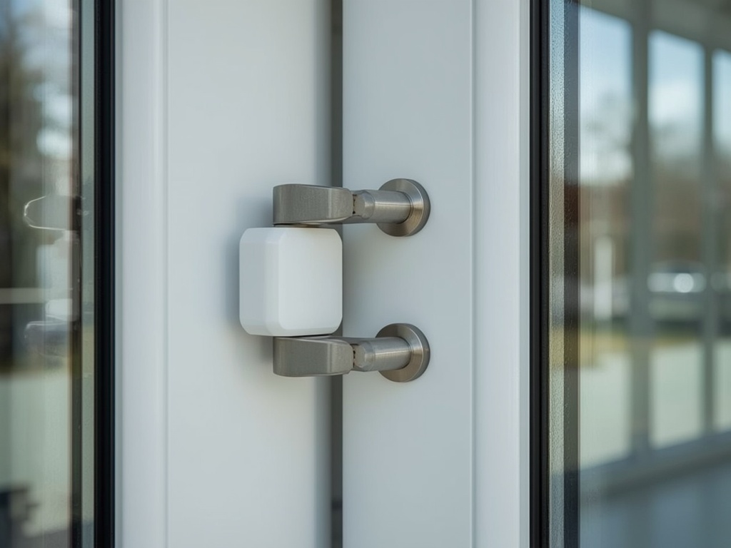 Detail van een meerpuntssluiting in een wit kunststof kozijn met zichtbaar metalen beslag.