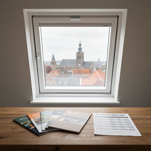 Brochures en prijslijst 'Kunststof dakraam' op tafel bij een dakraam met zicht op Nijmegen.