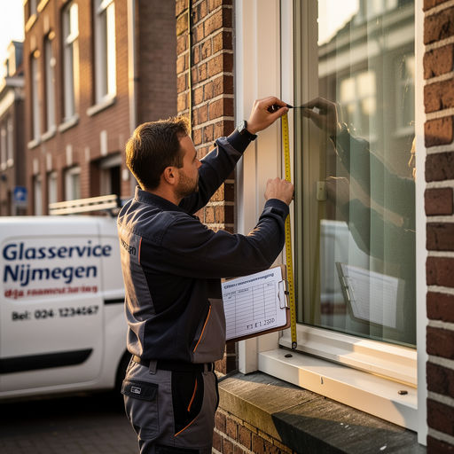 Monteur die een raam opmeet bij een huis in Nijmegen met een offerte op een clipboard.