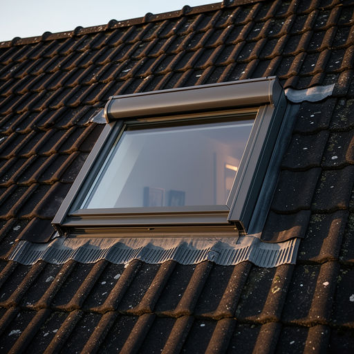 Close-up van antraciet kunststof dakraam op donkere dakpannen in avondlicht.