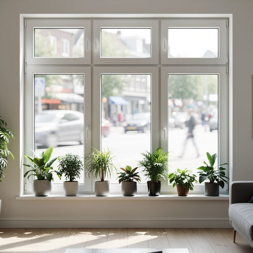 Helder woonkamerinterieur in Nijmegen met grote witte kunststof kozijnen en planten op de vensterbank.