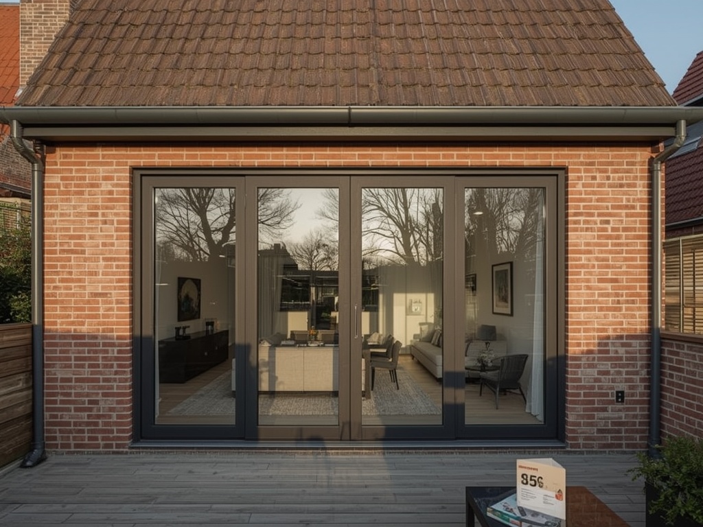 Grote 4-delige antraciet kunststof schuifpui voor moderne achtergevel met prijsbrochure op bijzettafeltje.