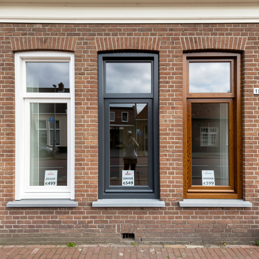 Voorgevel van een Nijmeegs rijtjeshuis met drie kunststof kozijnvarianten en prijskaartjes.