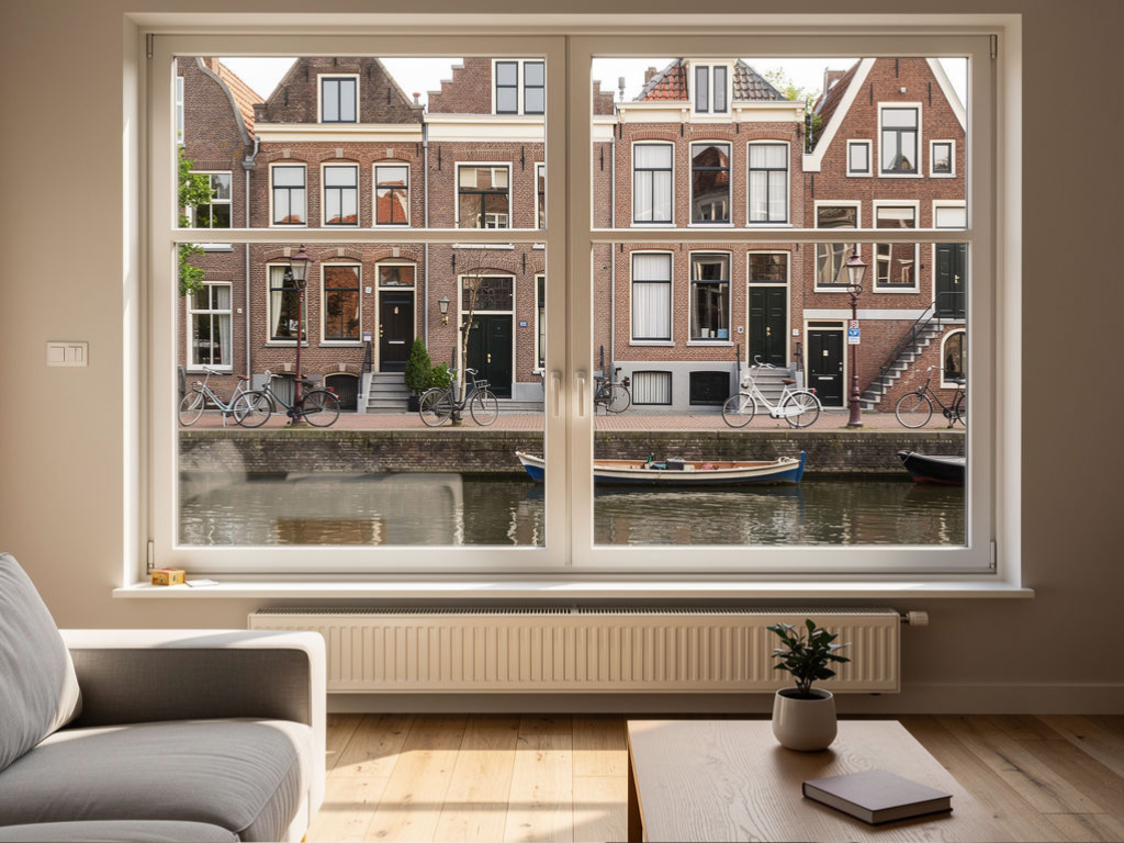 Interieur van een woonkamer met wit kunststof raamkozijn en uitzicht op een woonstraat in Nijmegen