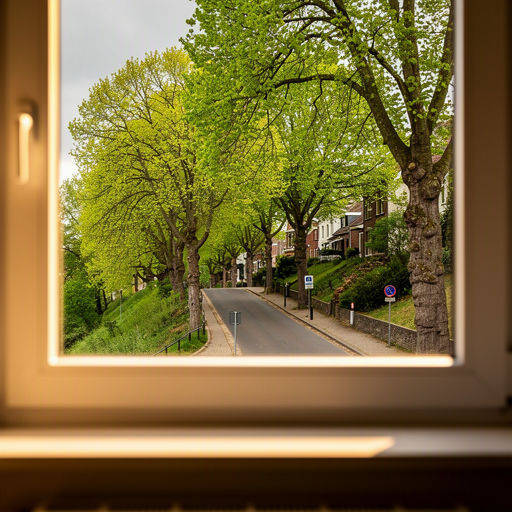 blik vanuit woonkamer in Wijchen door wit kunststof raamkozijn naar een straat met eikenbomen