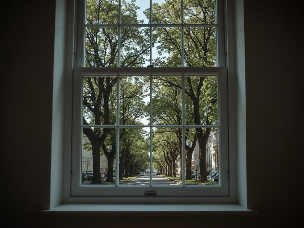 blik vanuit woonkamer in Mook door wit kunststof raamkozijn naar een groene straat met eikenbomen