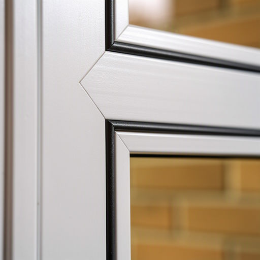 detail hoekverbinding wit kunststof kozijn met rubber afdichting tegen baksteenmuur in Berg en Dal