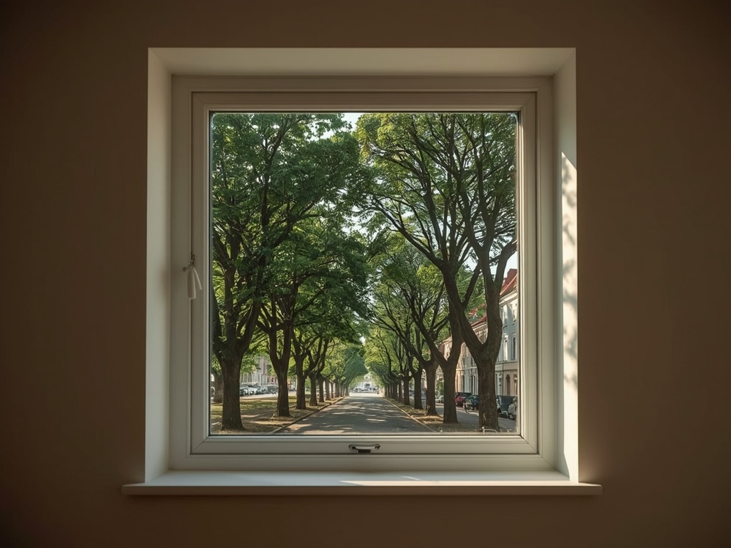 blik vanuit woonkamer in Groesbeek door wit kunststof raamkozijn naar glooiende straat met oude bomen