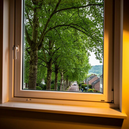 blik vanuit woonkamer in Bemmel door wit kunststof raamkozijn naar straat met lindebomen