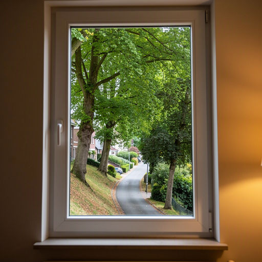 blik vanuit woonkamer in Oss door wit kunststof raamkozijn naar straat met lindebomen