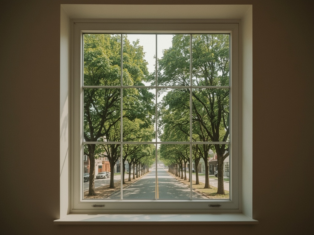 blik vanuit het interieur van een woning in Druten door een antraciet kunststof kozijn naar een groene laan met knotwilgen