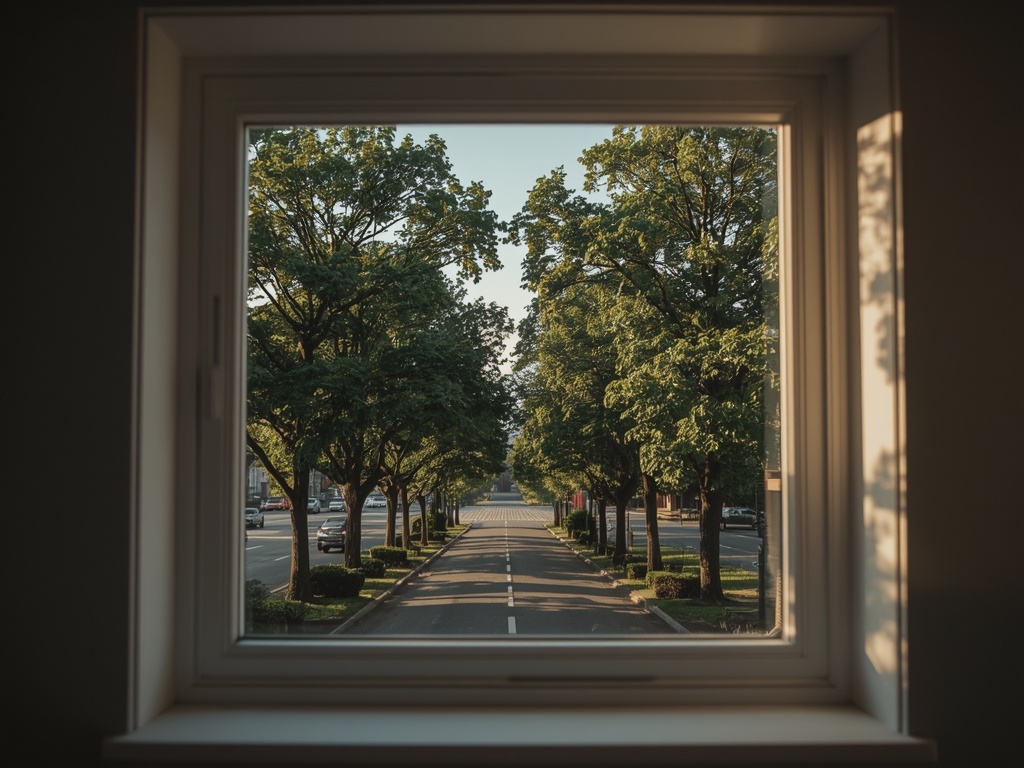 woonkamer in Berg en Dal met uitzicht door wit kunststof raam naar glooiende straat met lindebomen