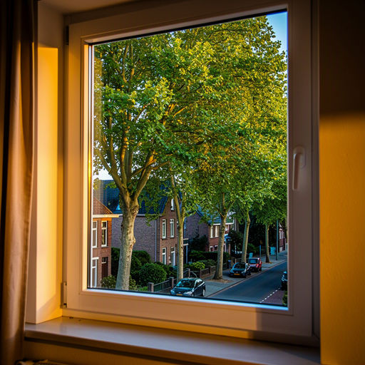 blik vanuit woonkamer in Heumen door wit kunststof raamkozijn naar groene straat met eikenbomen