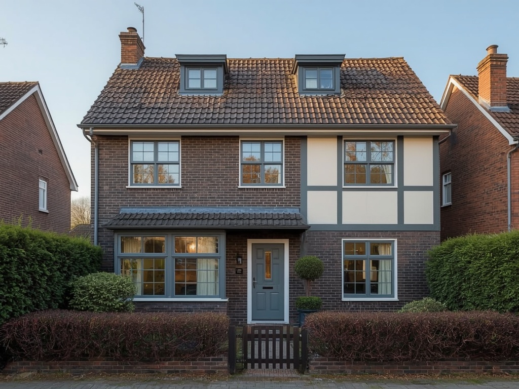 vrijstaande woning in Elst met elegante crèmekleurige kunststof kozijnen en houtnerf voordeur