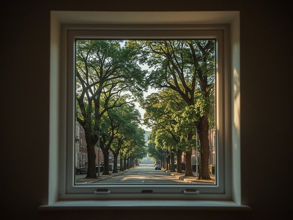 zicht vanuit modern appartement in Elst door groot antraciet kunststof kozijn naar groene laan met platanen