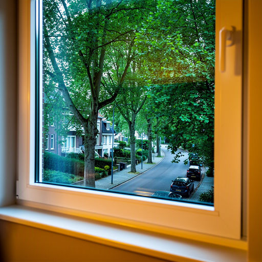 blik vanuit woonkamer in Arnhem door wit kunststof raamkozijn naar heuvelachtige straat met lindebomen