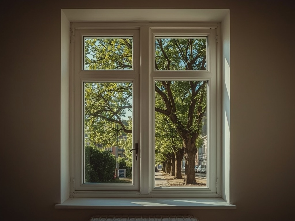 blik vanuit woonkamer in Beuningen door wit kunststof raamkozijn naar groene straat met eikenbomen
