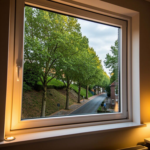blik vanuit woonkamer in Nijmegen door wit kunststof raamkozijn naar heuvelachtige straat met lindebomen