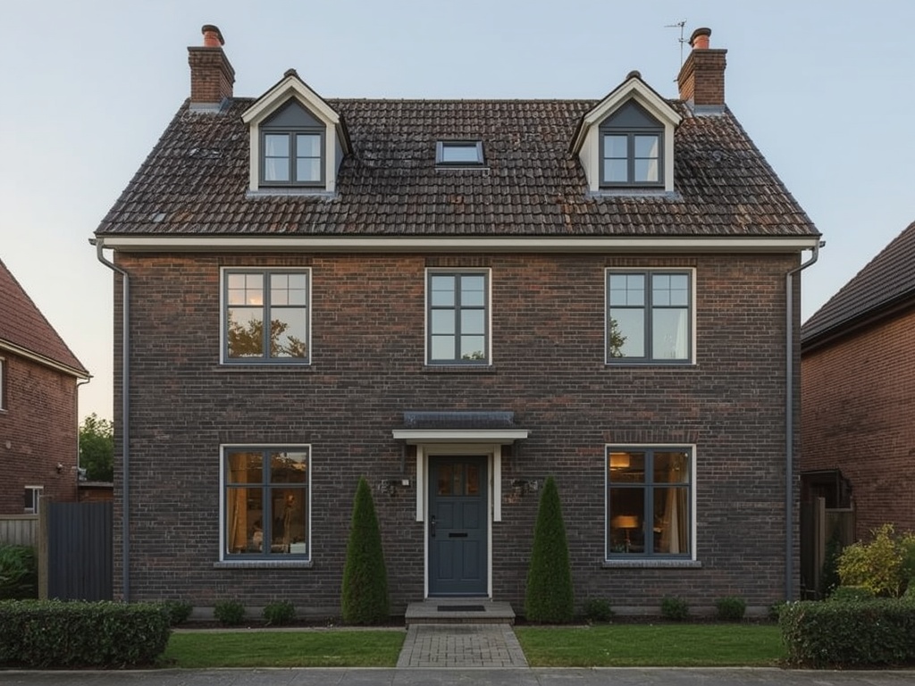 vrijstaand huis nabij Gennep met antraciet kunststof kozijnen onder een rieten dak