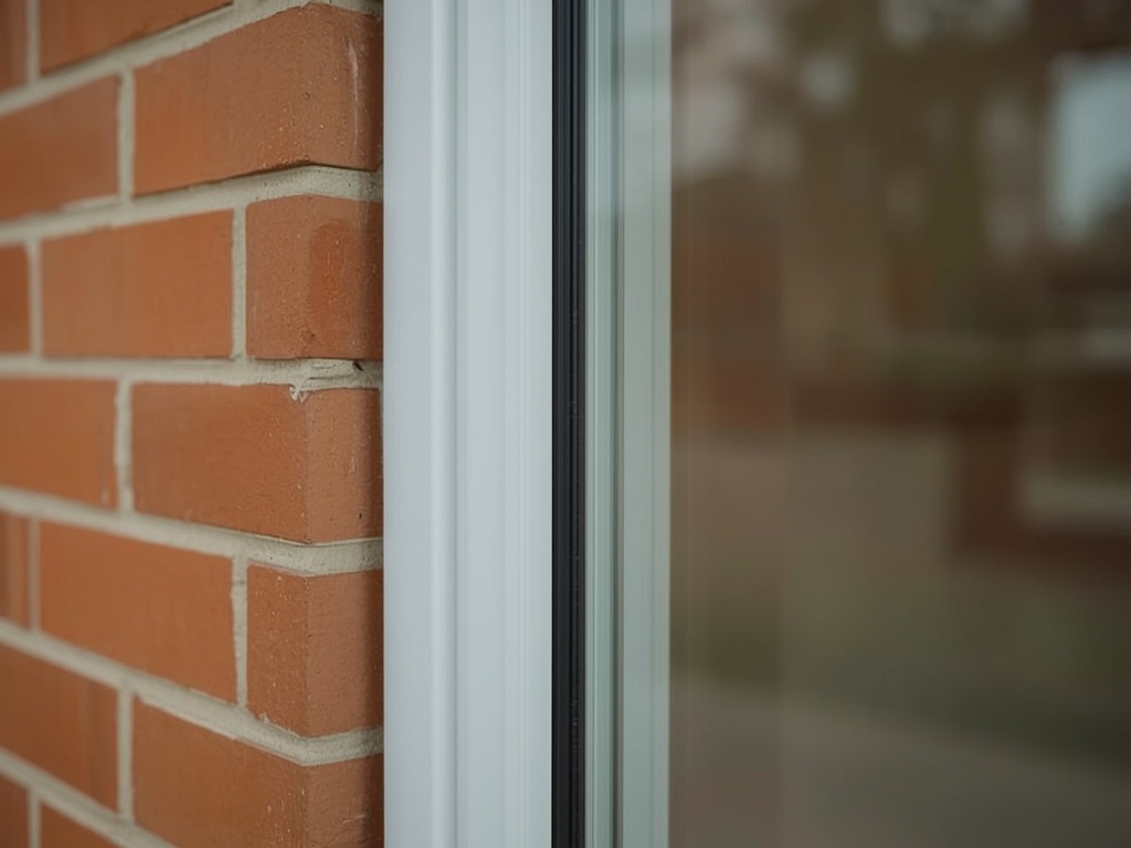 detaillering van wit kunststof kozijnprofiel met afdichtingsrubbers tegen roodbruine baksteen