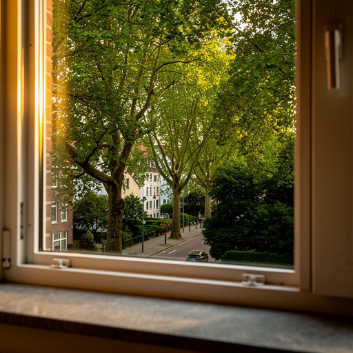 zicht vanuit een woonkamer in Culemborg door een wit kunststof raam op een groene bomenlaan langs de Lek